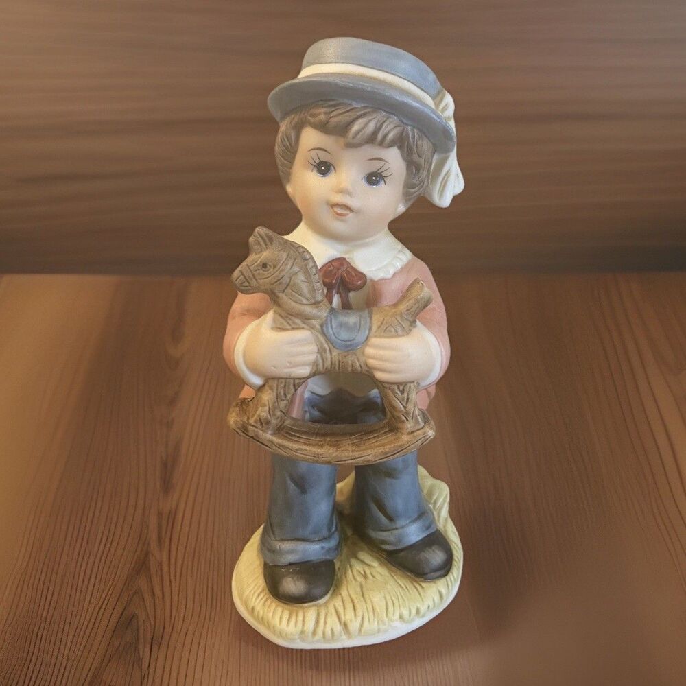 Vintage Homco Boy In Blue Hat With Rocking Horse Figurine #1419 Cottage Charm